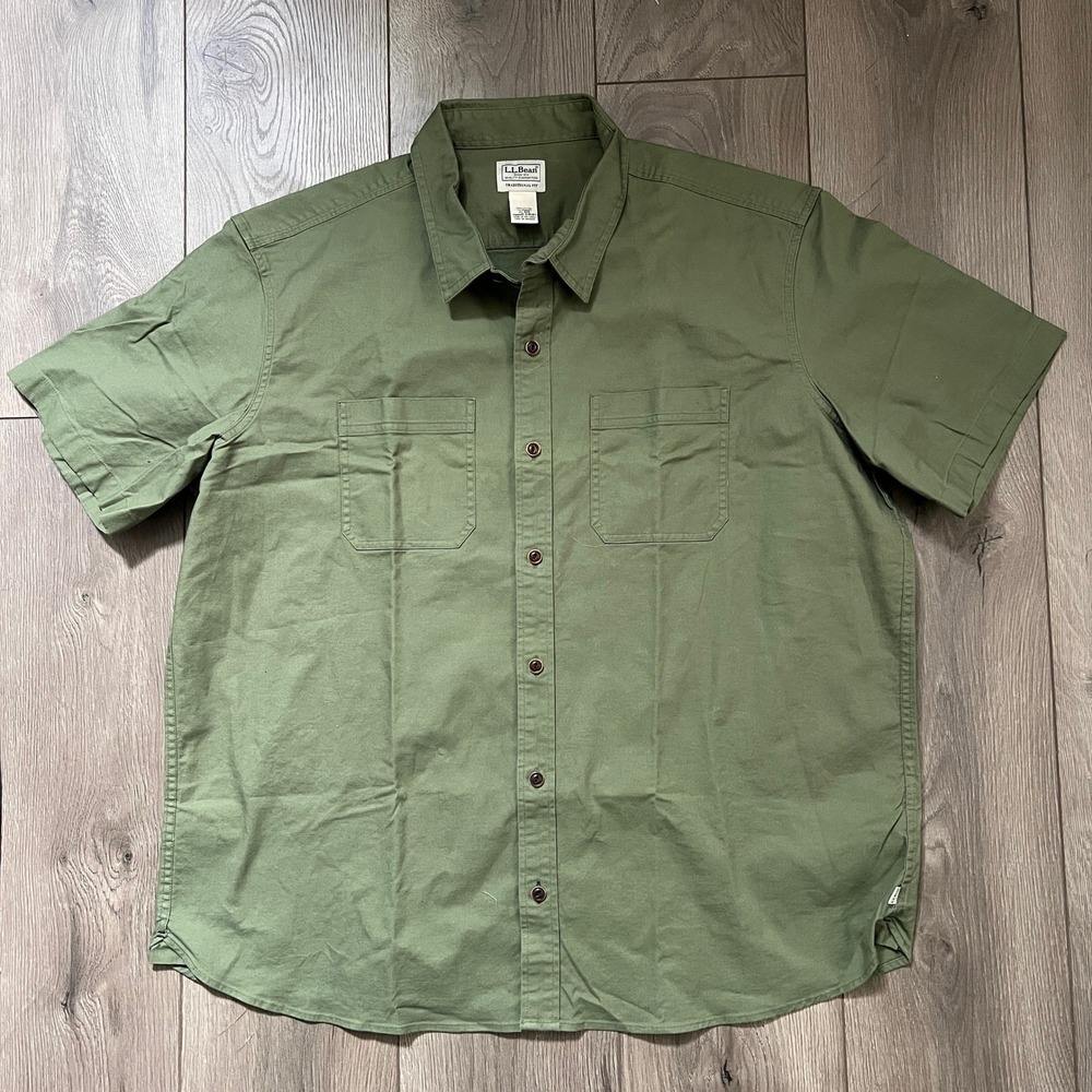 LL Bean Mens XL Regular Olive Green Short Sleeve Button Up Shirt 516107 Twill